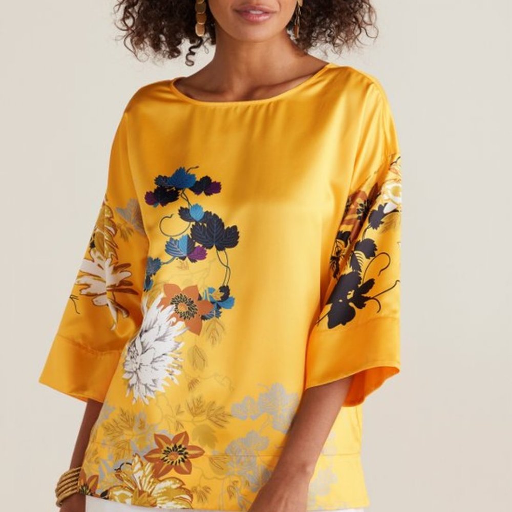 Soft Surroundings Zehra Top Yellow Floral 3/4 Sleeve Silky Size L